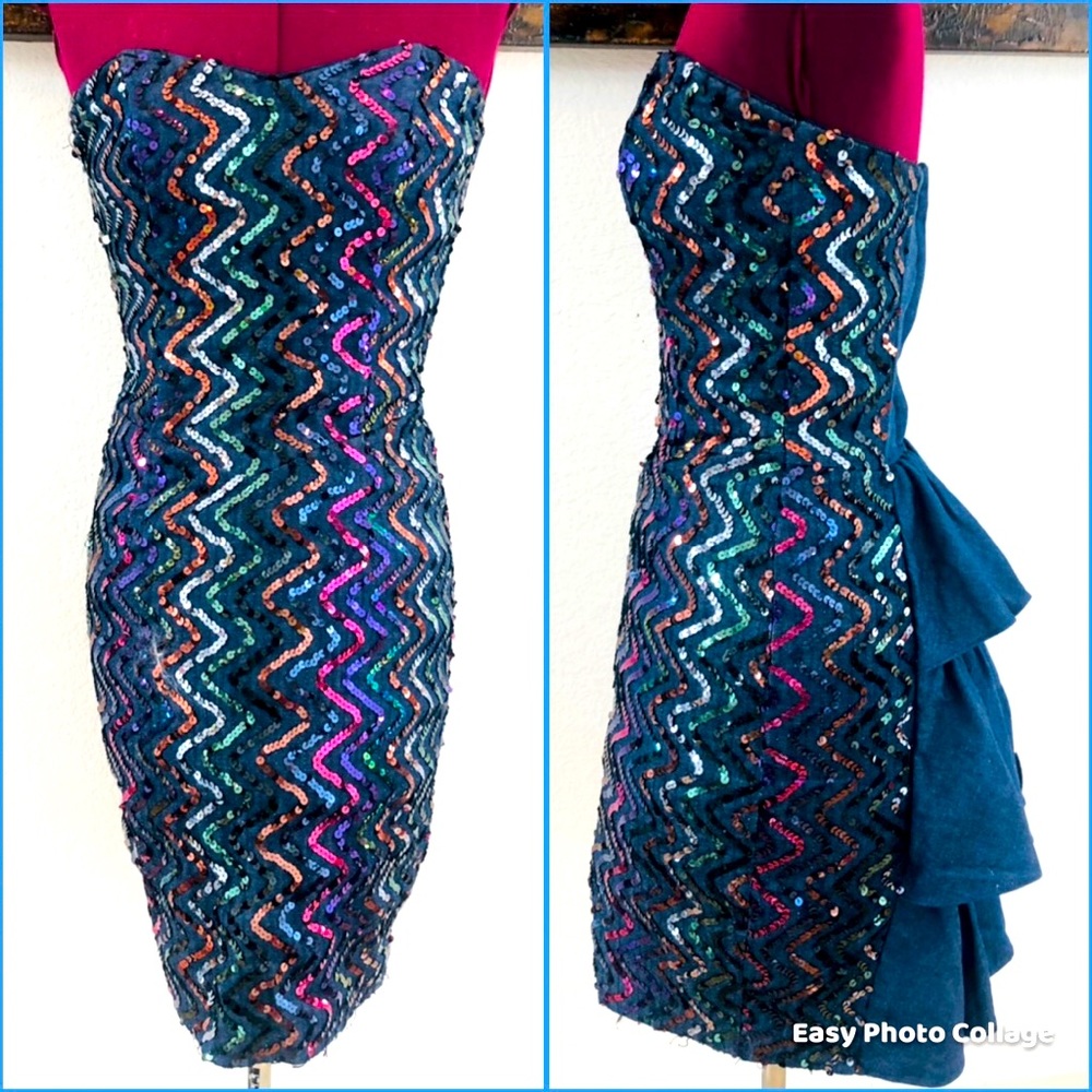 Gunne Sax Rainbow Sequin Denim 90s Dress